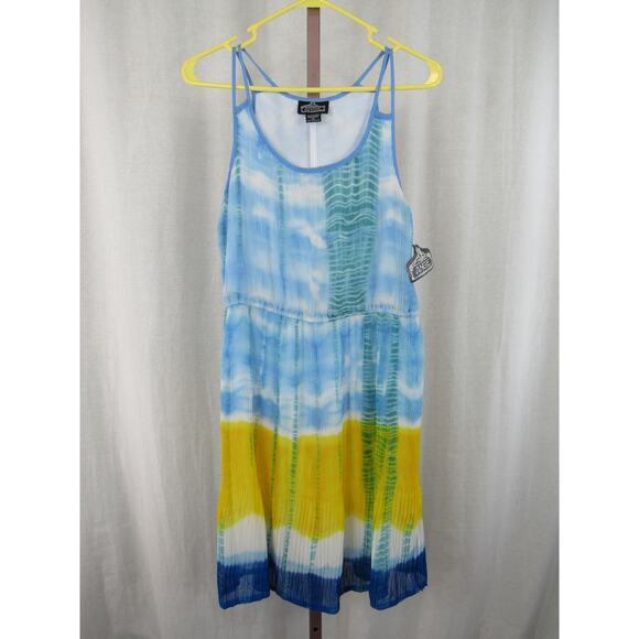 NWT Angie Large Tie Dye Blue Yellow Tank Dress Multi Colored Plated Dipped - Picture 1 of 9